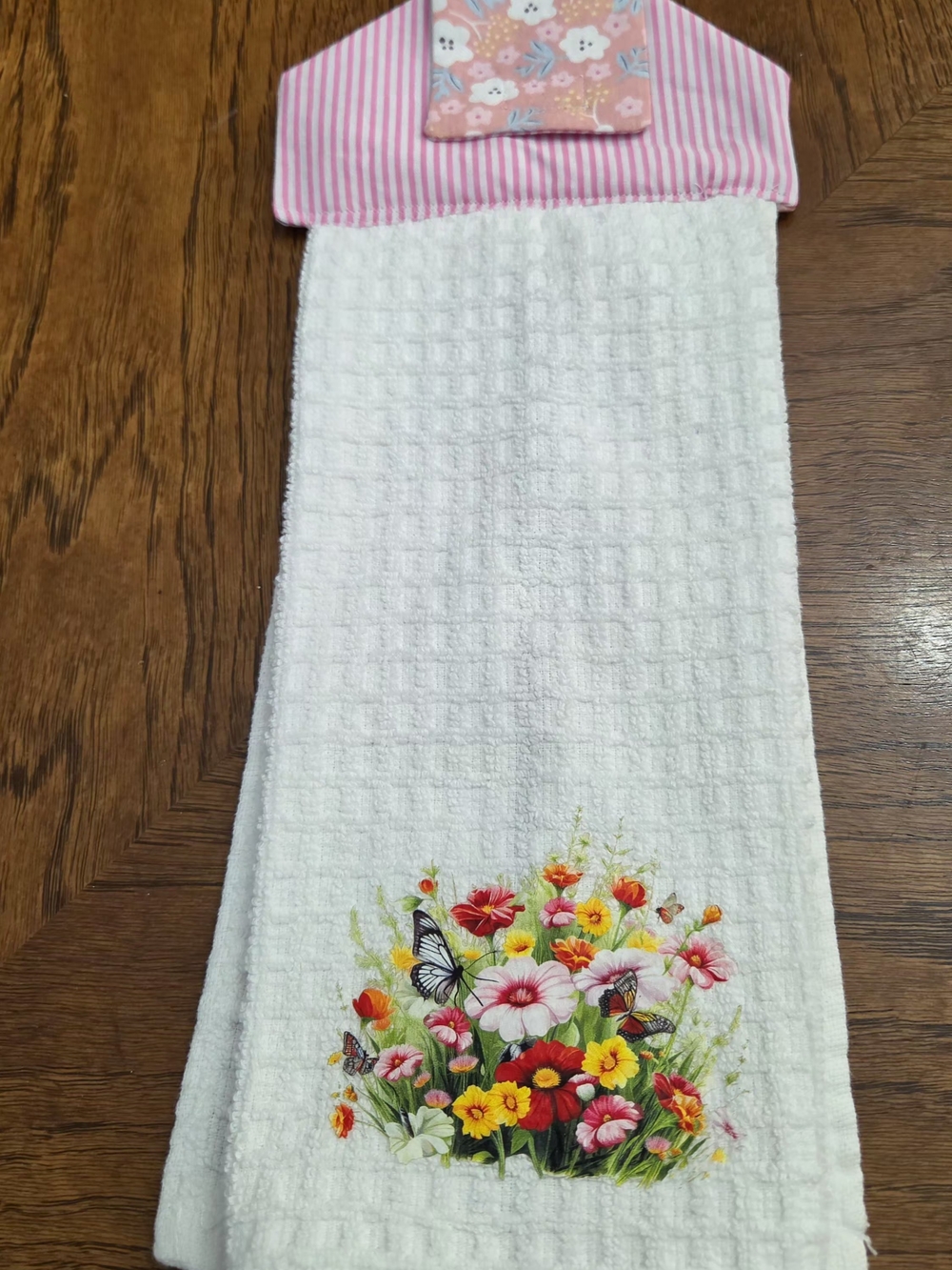 Floral Butterfly White Waffle Kitchen Towel with Pink Stripe Hanger
